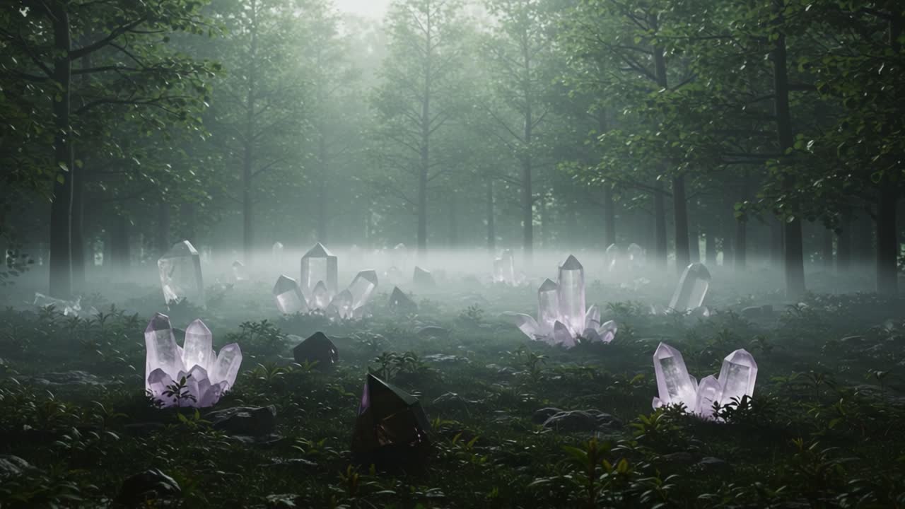 Enchanting Forest Oasis Featuring Glimmering Crystals Amidst Lush Greenery: A Serene Natural Landscape Captured in Misty Atmosphere