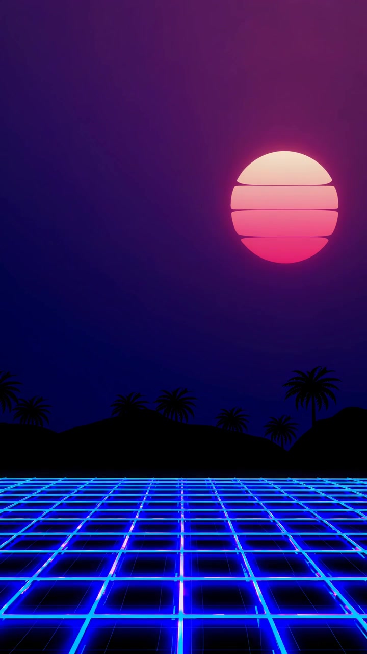 Paesaggio retro synthwave con griglia luminosa e tramonto