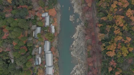 drone view over train line and japanese river in autumn season, arashiyama, kyoto