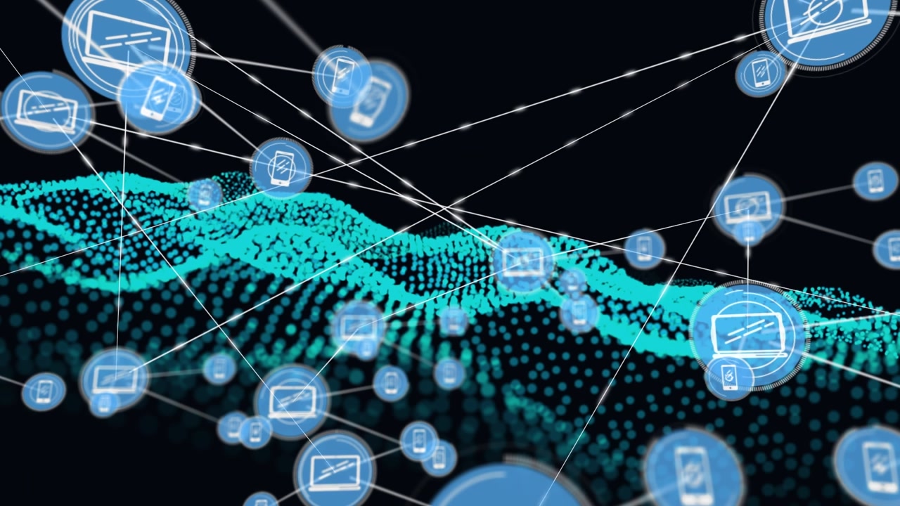 Animation of network of connections with icons over mesh and black background
