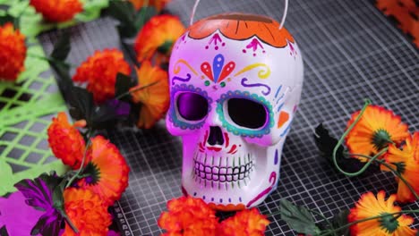 Colorful-sugar-skull,-Day-of-the-Dead-traditional-decor-with-flowers