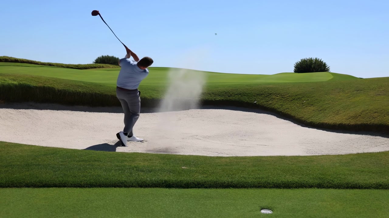 Golfer slaat bunkerslag uit het zand met krachtige doorzwaai, gewichtsverplaatsing naar voren, roterende romp, opstuivend zand en geconcentreerde houding op verzorgde golfbaan onder helderblauwe lucht.