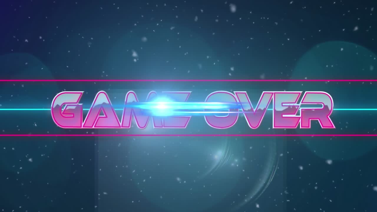 Animazione del testo "game over" su linee al neon su sfondo blu.