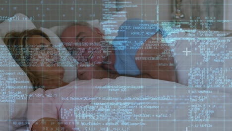 animación del procesamiento de datos sobre una pareja de ancianos caucásicos hablando en la cama