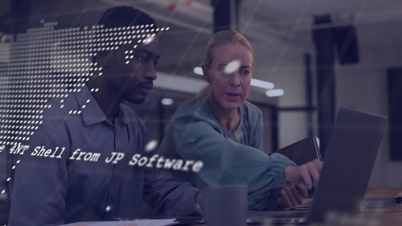 Animation of financial data processing over diverse business people in office