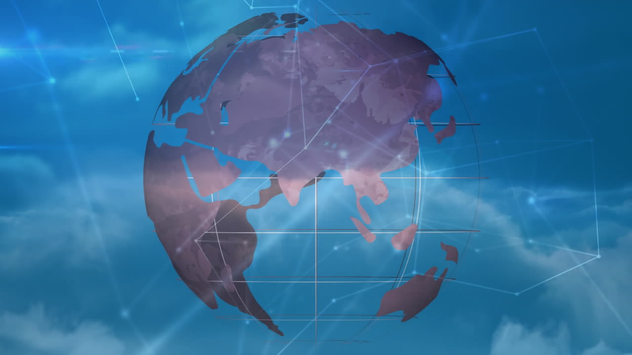 Animation of network of connections and globe over clouds