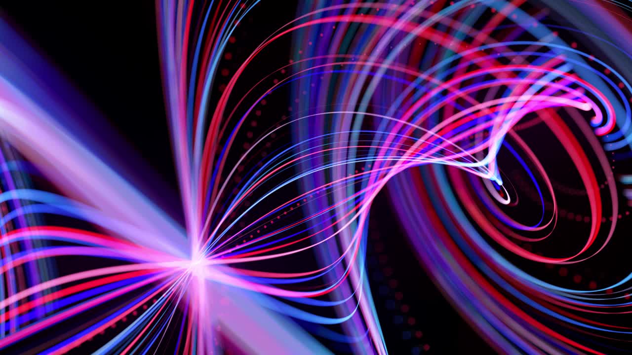 Light flow bg in 4k. Abstract looped background with light trails, stream of red blue neon lines in space move to form looped spiral shapes. Modern trendy motion design background.