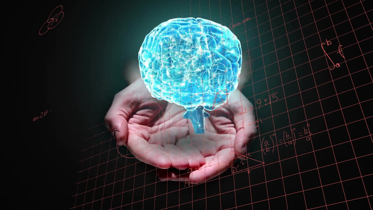 Holding glowing brain, hands surrounded by animation of mathematical equations