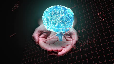 holding glowing brain, hands surrounded by animation of mathematical equations