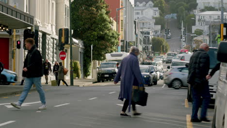 busy city street scene with pedestrians crossing