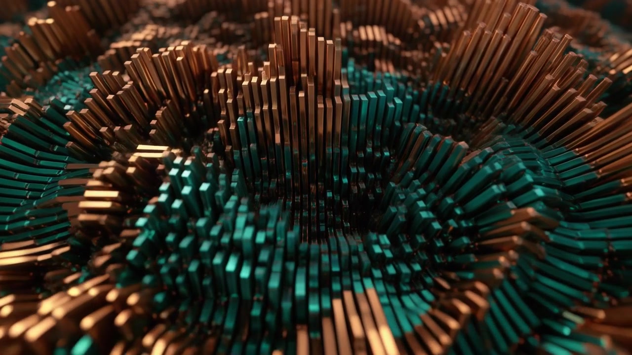 Abstract 3D Animation of Oscillating Copper and Teal Metal Bars