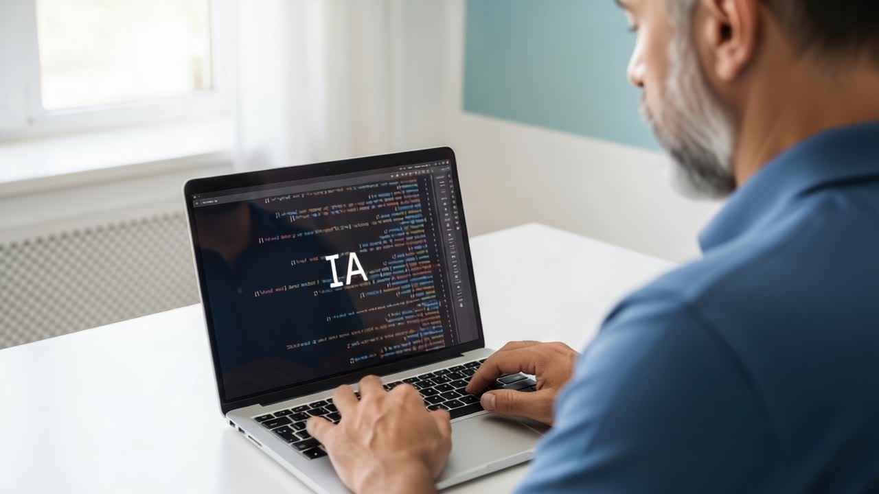 A focused individual typing on a laptop, displaying code and the text 'IA', emphasizing the growing importance of artificial intelligence in programming and technology