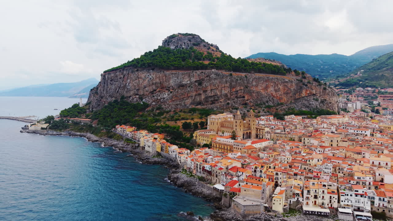 Aerial view of Cefalù, Sicily, showing coastline and historic town