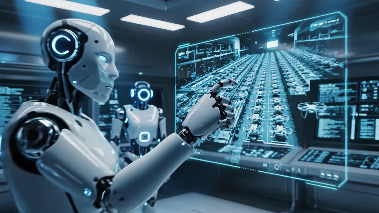 Robots controlling drones in a futuristic warehouse