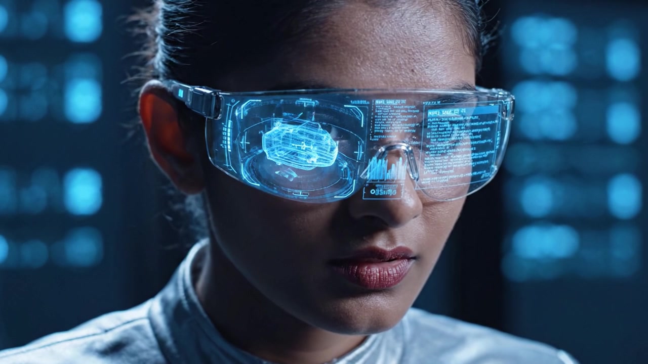 A futuristic scientist equipped with advanced augmented reality glasses, focusing intently on digital data displays, exploring the intersection of technology and human innovation.