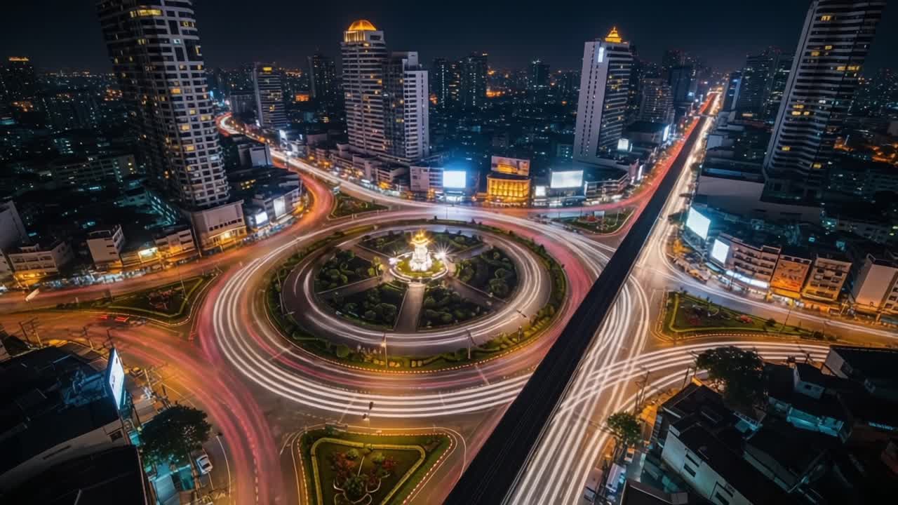 Stunning Nighttime Cityscape Featuring a Circular Intersection Surrounded by Skyscrapers and Vibrant Traffic Lights Captured from an Elevated Perspective