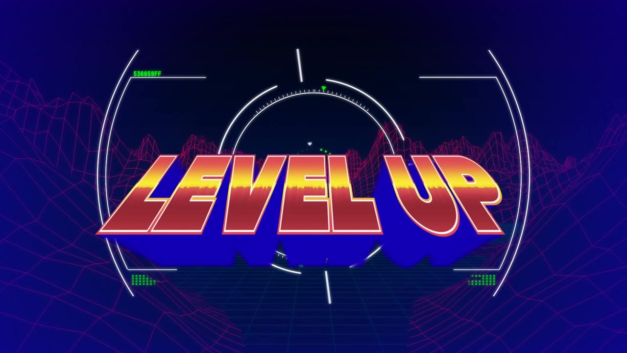 Animation of level up over viewfinder on violet background