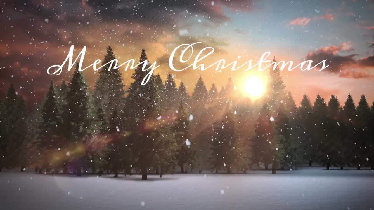 Animation of merry christmas text over fir trees and winter landscape