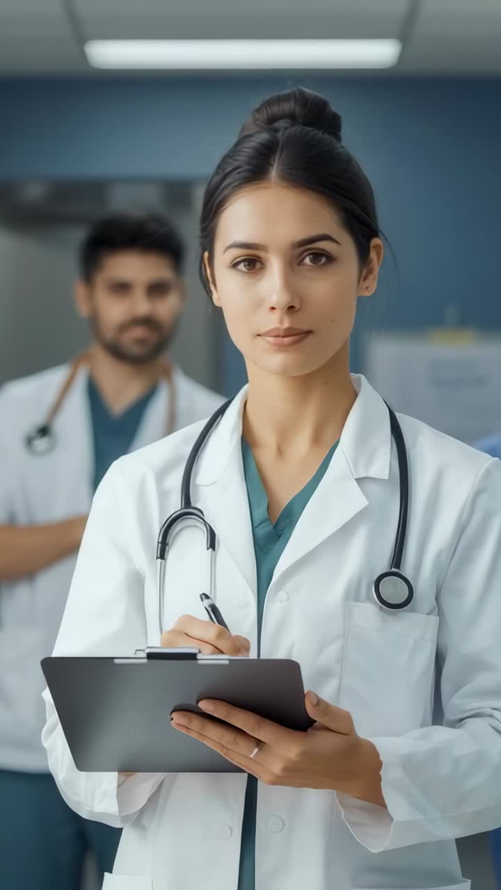 Vertical video: As frame widening doctor documenting case in hospital ward with clipboard