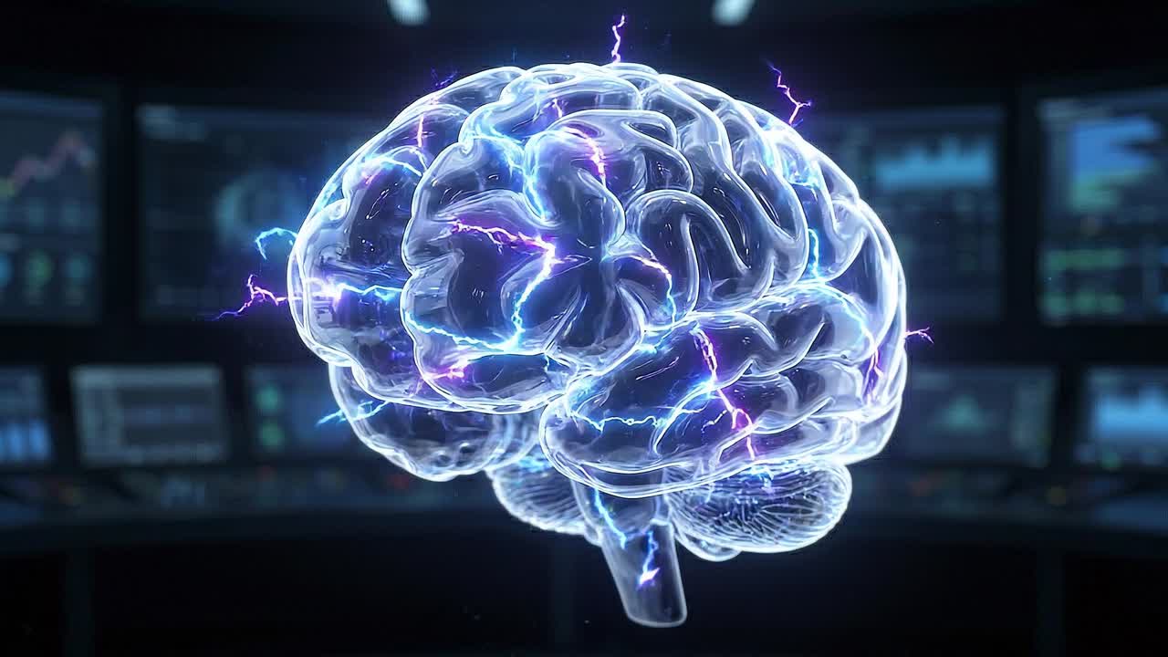 Glowing human brain with electrical signals highlighting neural activity and advanced technology interface