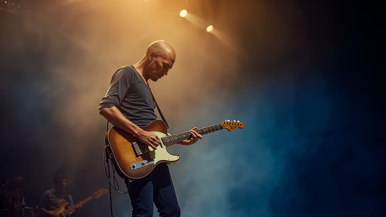 Playing solo guitarist on stage after spotlight coming on, fingering frets on Telecaster for crowd