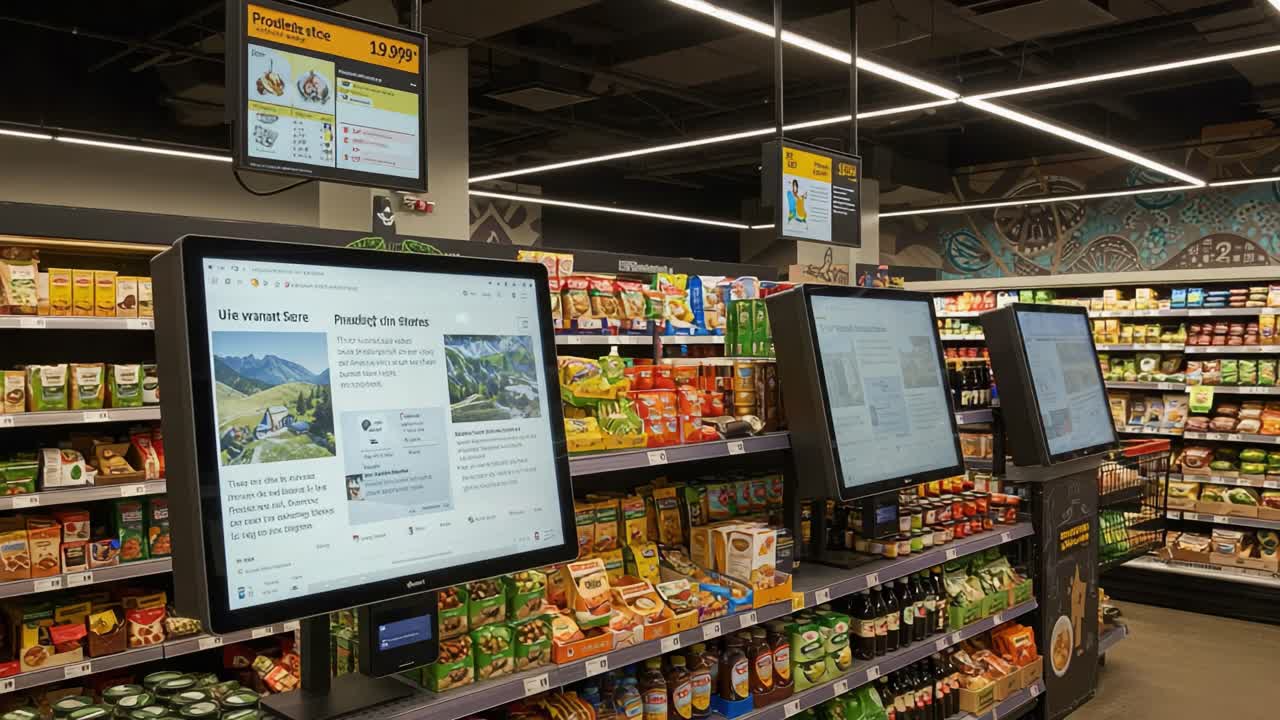 Modern Grocery Store with Digital Displays Showcasing Products, Prices, and Information in a Well-Organized Aisle Filled with Diverse Food Items