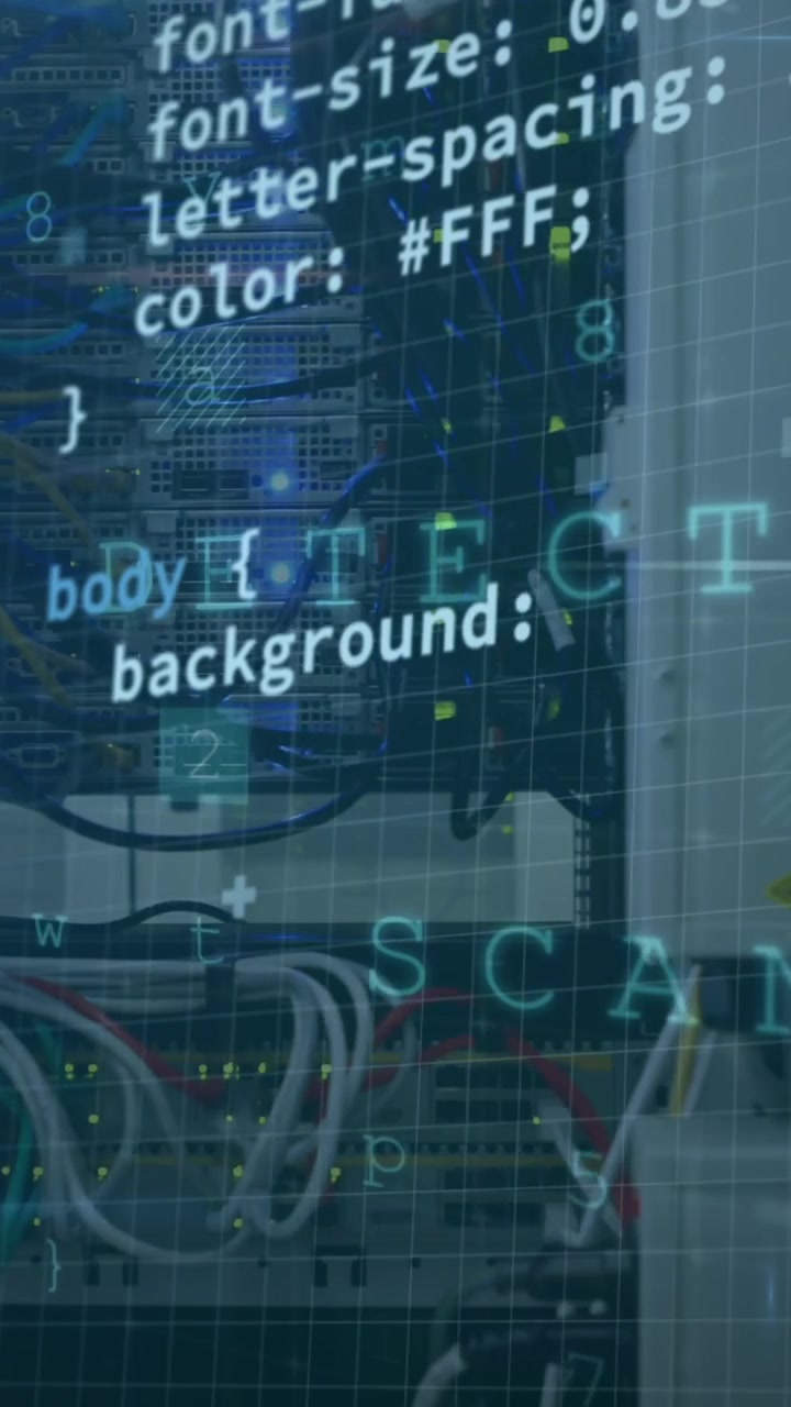 Animation of interface with data processing and round scanner over close up of a computer server