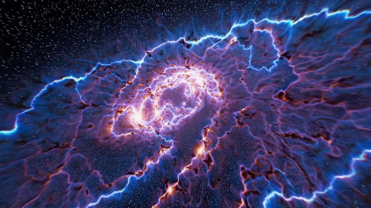 A cosmic explosion captured from a wide-angle perspective, showcasing vibrant, swirling energy