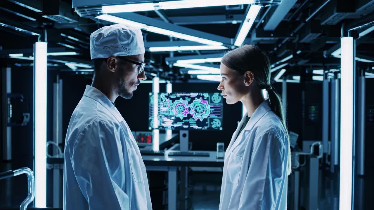 Two scientists in lab coats engage in discussion in a futuristic lab