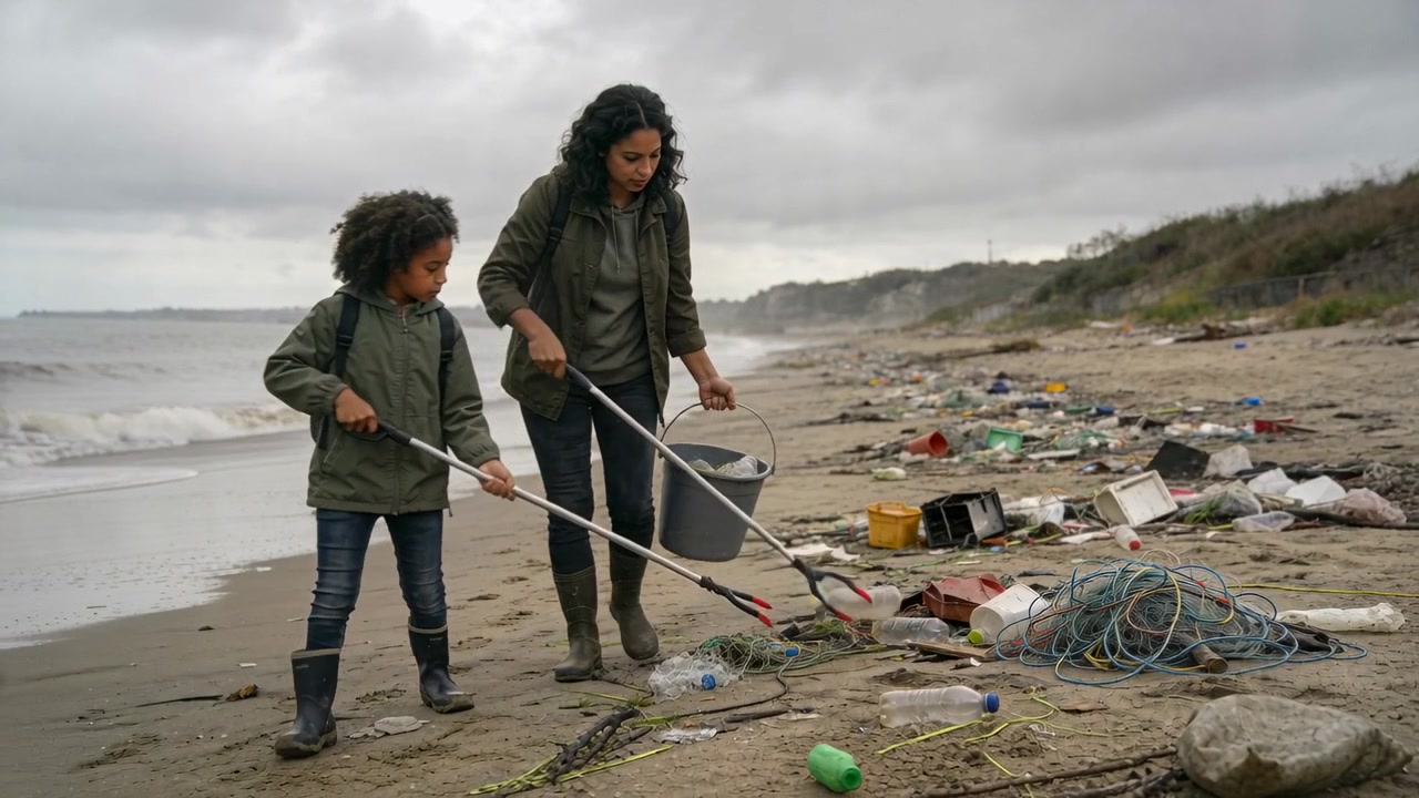 Spotting plastic bottles, woman and child cleaning beach with grabbers, bucket, boots