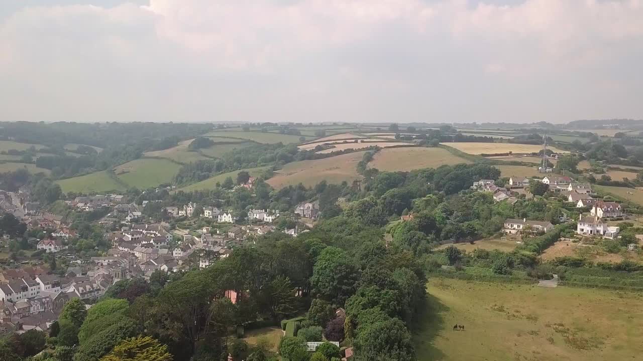 English countryside township. Aerial footage. Seascape view