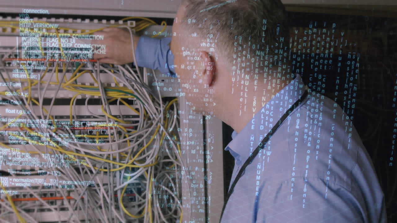 Digital composite of a technician checking a computer server