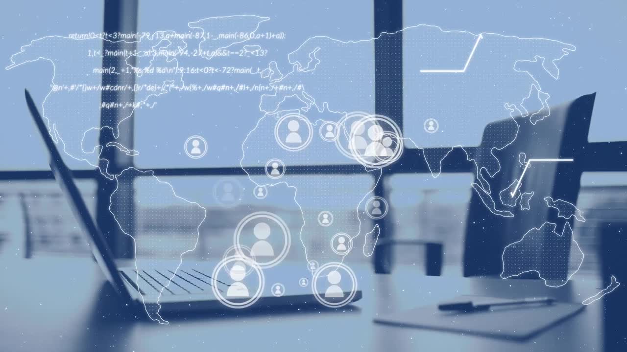 animación del procesamiento de datos y el mapa del mundo sobre la oficina