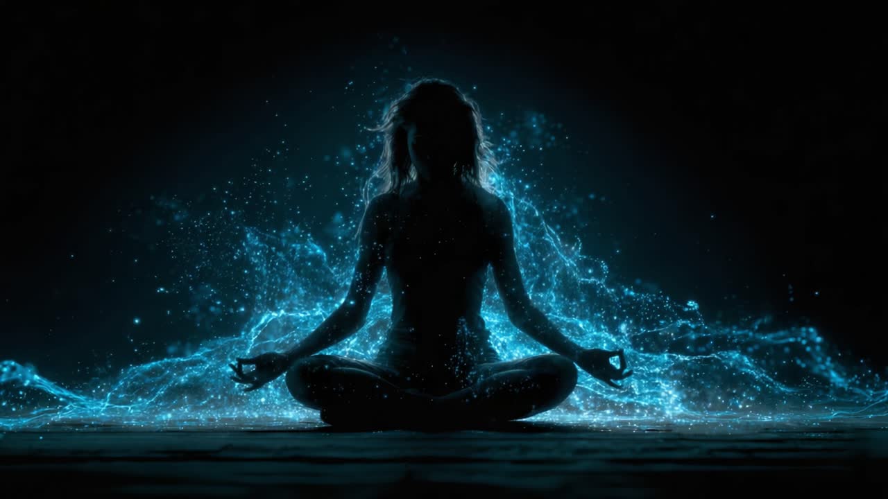 Una figura serena siede in meditazione, circondata da un'affascinante aura di luce blu e particelle scintillanti, incarnando pace, equilibrio e tranquillità interiore in un'atmosfera mistica.
