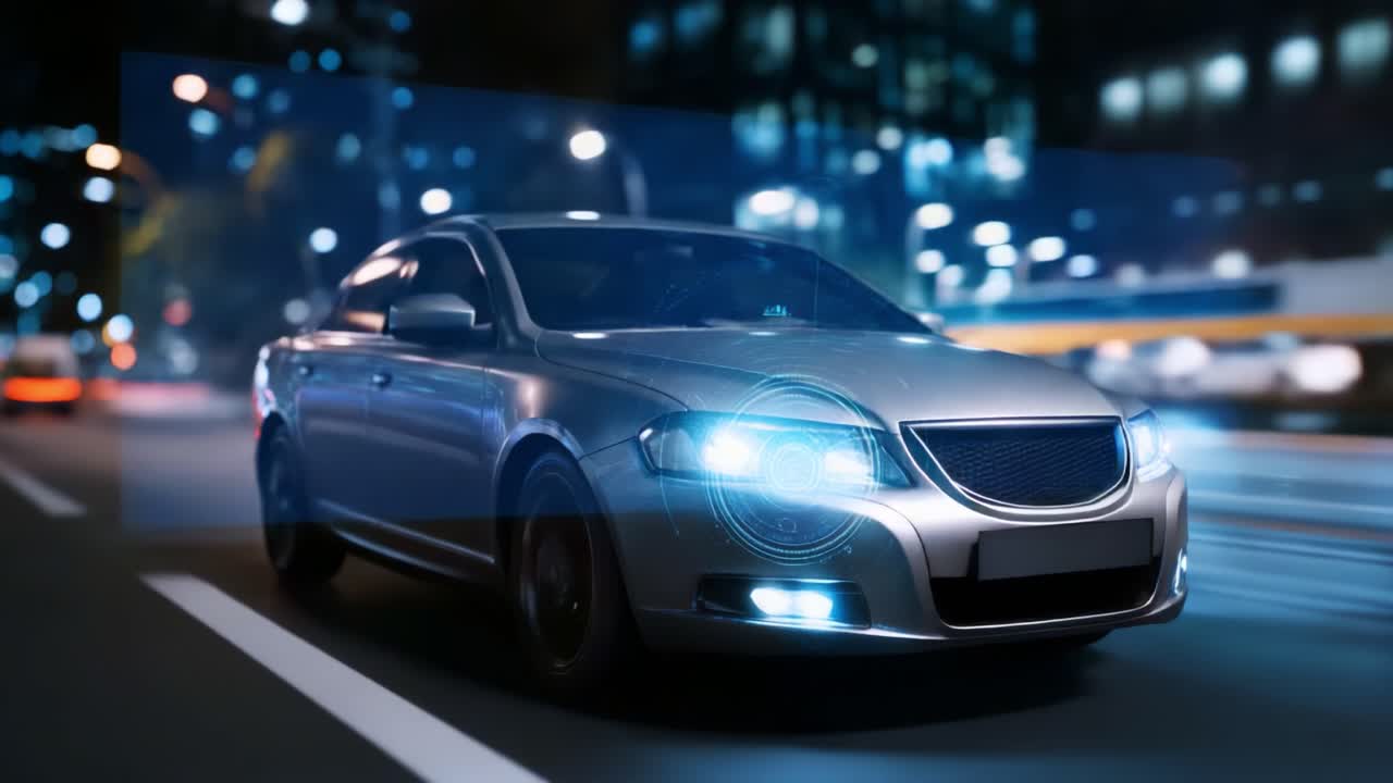Auto futuristica che guida di notte in città con caratteristiche high-tech e luci LED luminose evidenziate in finiture blu e argento brillanti