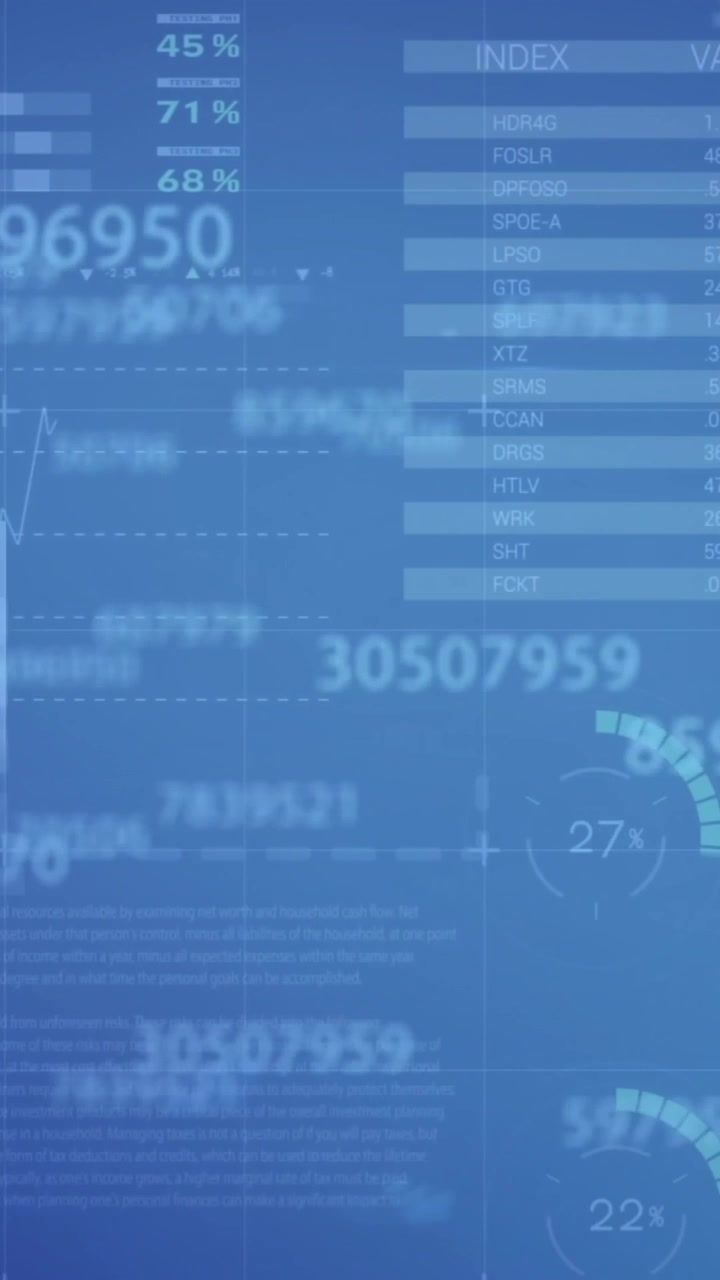 Animación de procesamiento de datos financieros sobre un fondo azul.