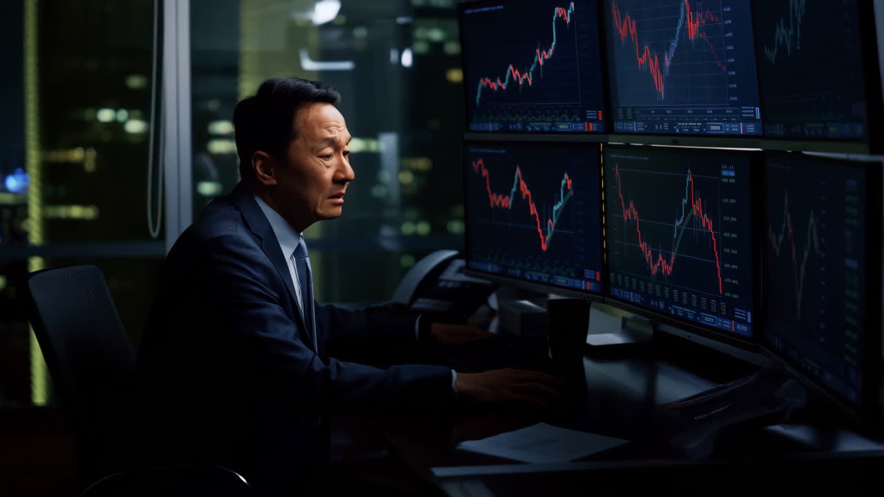 Businessman Monitoring Stock Market Graphs on Multiple Screens at Night