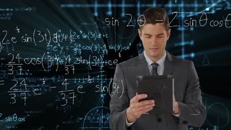 Animation-of-data-processing-and-mathematical-equations-over-businessman-using-tablet