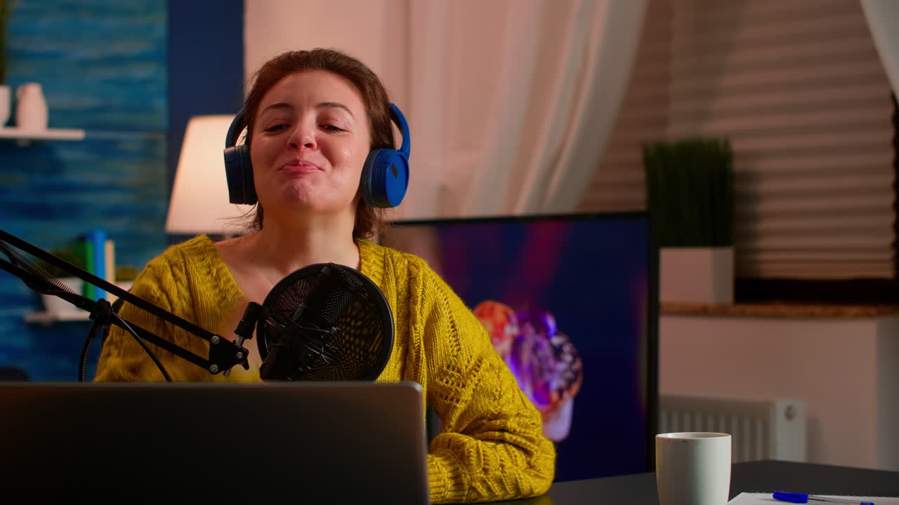 Vlogger speaking with follower on live using professional microphone