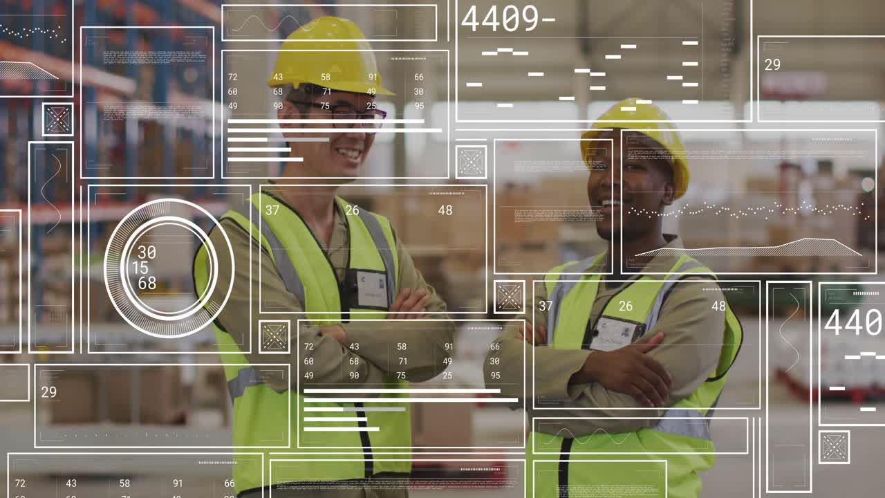 Two warehouse staff conversing as data feed initiating HUD updating metrics and gauge for inventory