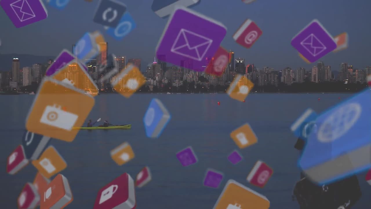 배경 에 도시 풍경 과 함께 떠다니는 다채로운 큐브