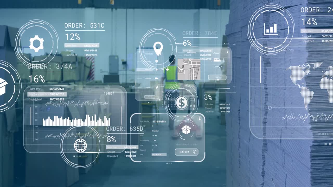 Animation of data processing on screens over caucasian man working in ...