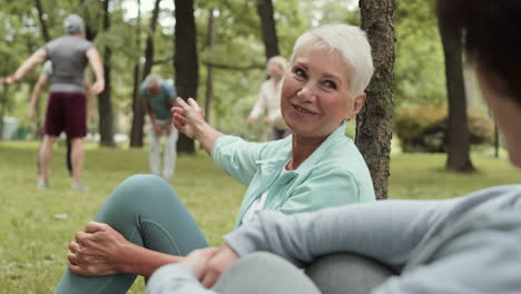 senior citizens exercising and socializing in a park
