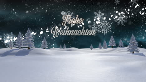 Animation-of-frohe-wihnachten-text-over-winter-scenery-background