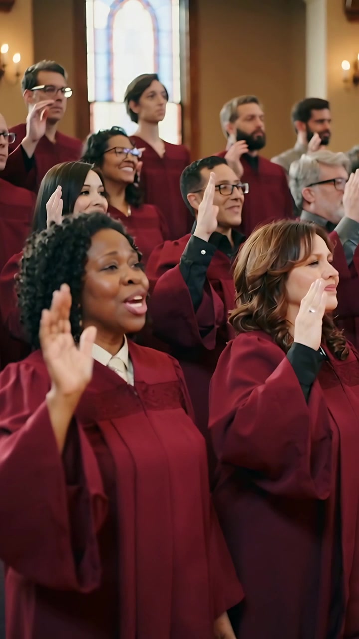 Vertical video: Worship song starting woman leading choir raising hands in sanctuary, maroon robes