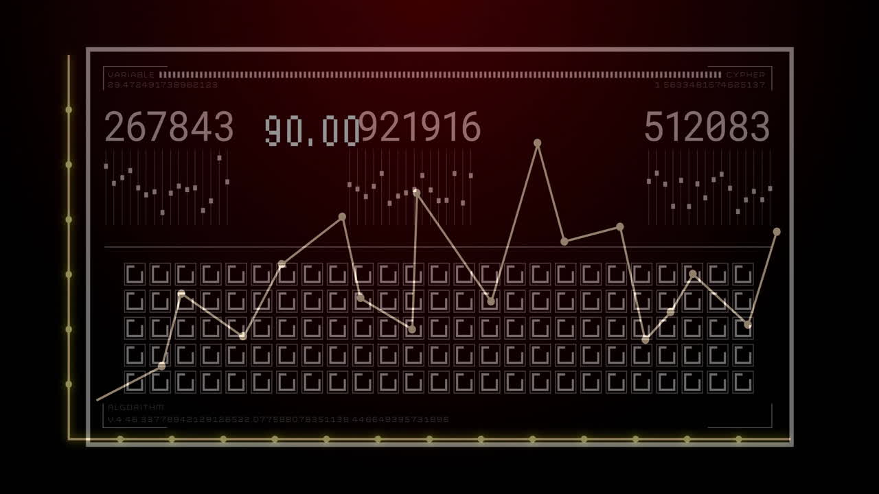 animación del procesamiento de datos financieros y estadísticas en fondo negro