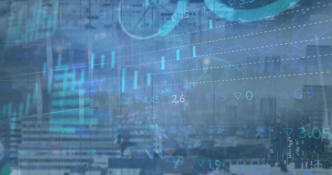 Animation of financial data processing over cityscape