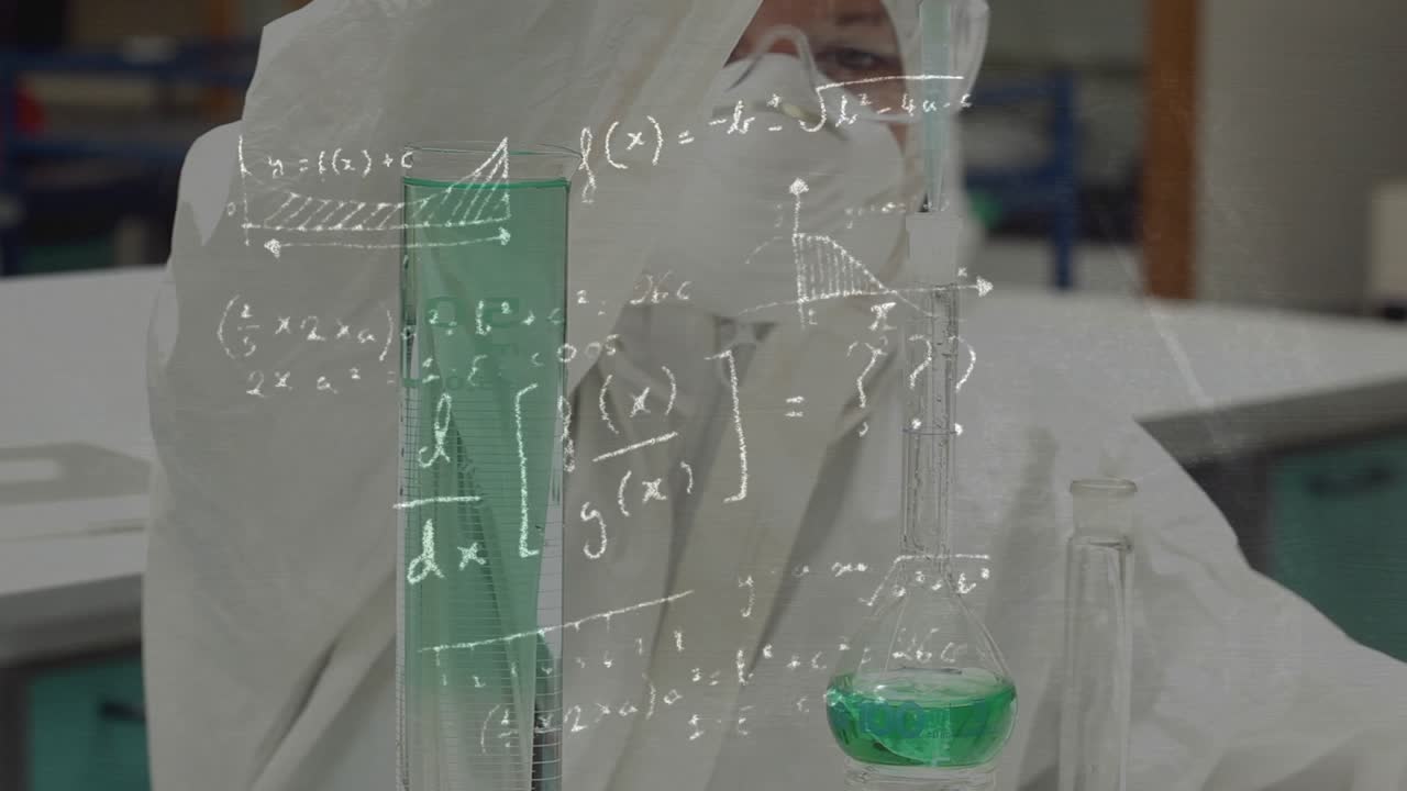 Female lab tech lowering pipette, adding green solution into cylinder, formulas aiding measurement