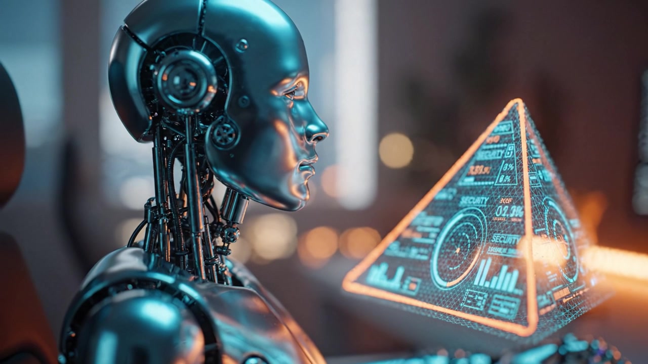 A futuristic robotic figure interacts with a holographic pyramid, showcasing advanced technology and data visualization in a modern, digital environment.