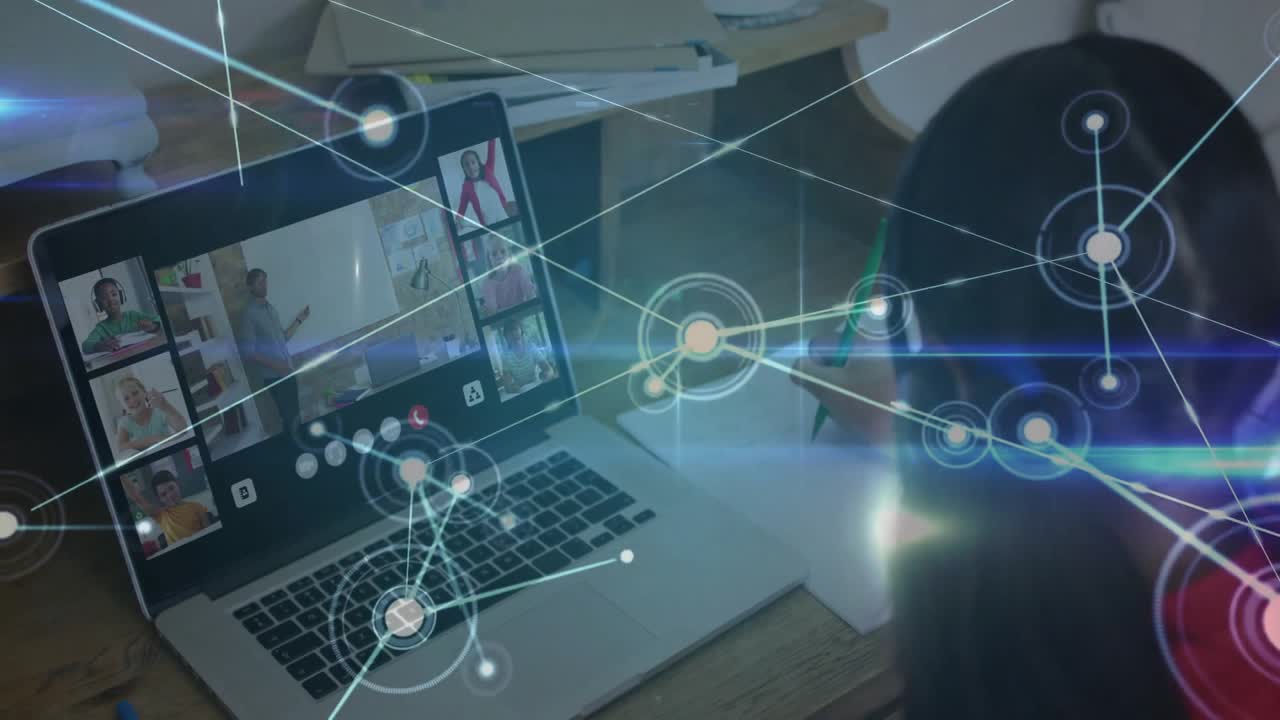 Female student joining online class on laptop and taking notes as animated nodes forming network